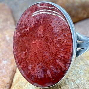 Rare Fossil Coral Ring 925 Sterling Silver Size 7 Red Statement Bloom Pattern